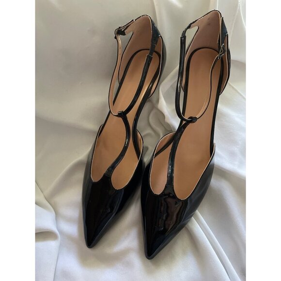 Womens Black Patent Leather Pointed Toe T-Strap Heels Size US 11 / EU 46 - Picture 2 of 6